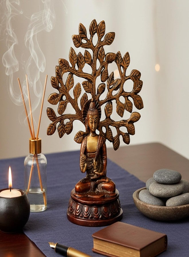 ESPLANADE Meditating Buddha with Nirvana Bodhi Tree Samadhi Showpiece Statue Sculpture Figurine Home Decor | Brass - Brown - 7" Inches - Image 1